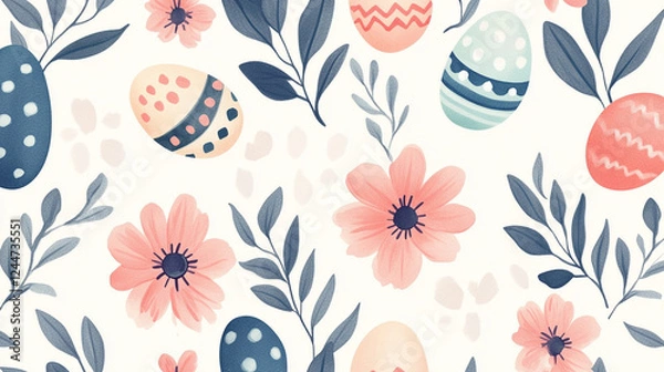 Fototapeta Flat-lay of intricate floral textile patterns in soft pastel hues, showcasing delicate botanical elements in a modern decorative design.