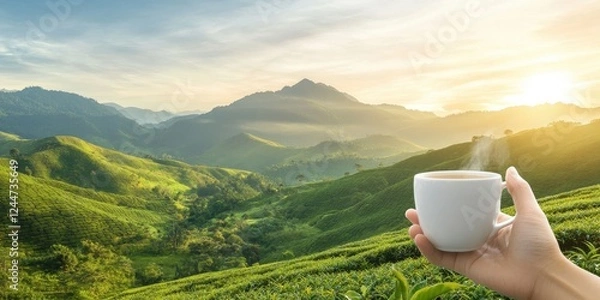 Obraz A serene moment of enjoying a warm drink amidst lush green mountains at sunrise, symbolizing peace and tranquility.