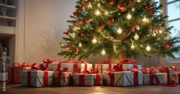 Fototapeta Presents under the Christmas tree with ribbons and bows, gift wrapping, festive packaging