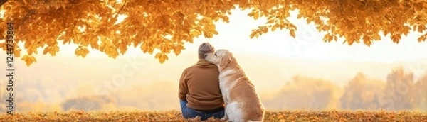 Obraz A serene moment shared between a person and their dog under golden autumn leaves.