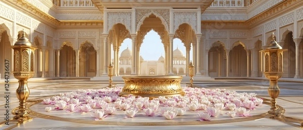 Fototapeta  Gold Podium with Lotus Petals and Lanterns in an Indian Palace Royal Archway Courtyard. Copy space. Generative AI