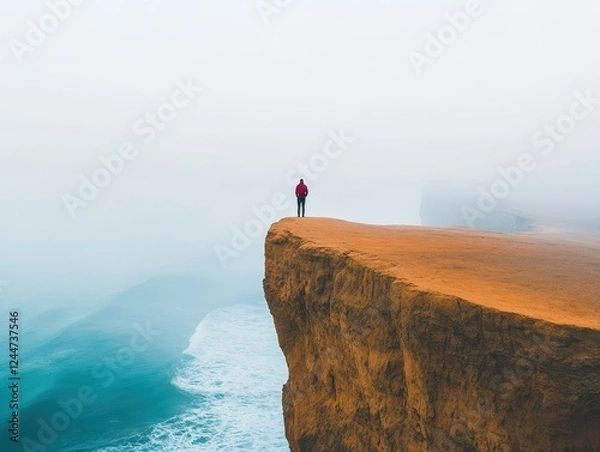 Obraz A solitary figure stands on a scenic cliff overlooking the ocean, enveloped in mist and beauty, creating a sense of tranquility.