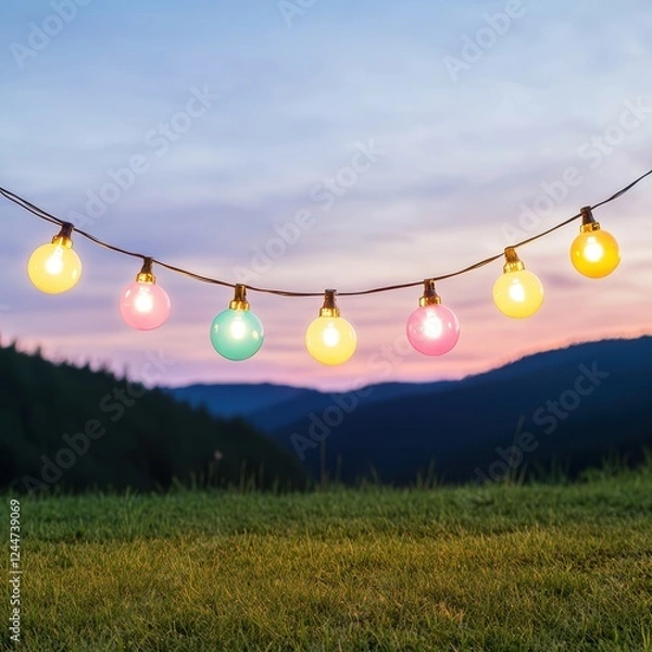 Obraz Colorful string lights illuminate a serene outdoor landscape at dusk, creating a magical atmosphere in nature.