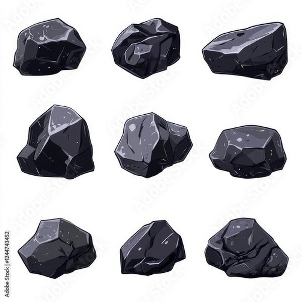 Fototapeta A set of distinct black coal pieces illustrated in a modern style on a white background