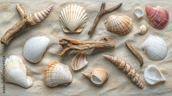 Fototapeta Seashells and Driftwood on Sandy Beach: A Coastal Still Life