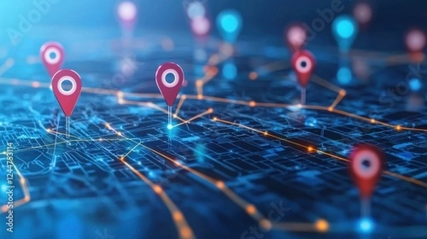 Fototapeta Digital Mapping with Location Pins on a City Grid