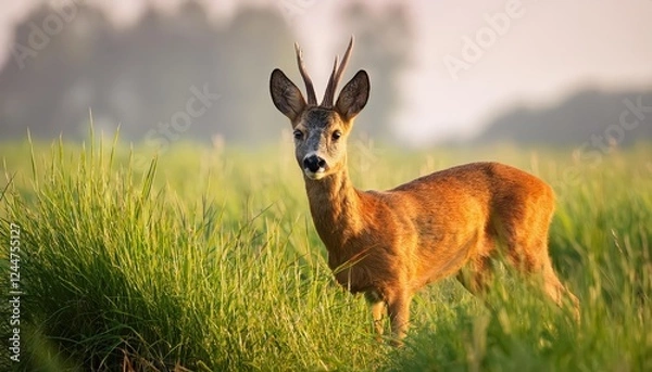 Fototapeta Striking Ro Deer Standing Against a Backdrop of Golden Grass Fields in a Serene Forest Mood, Captured Moment at Dusk.