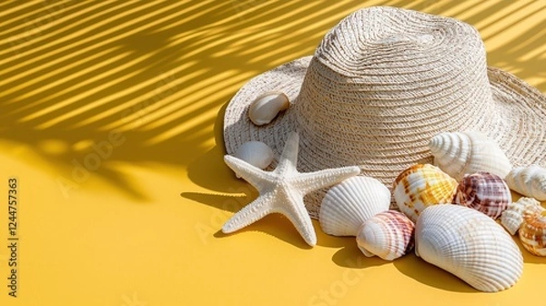 Fototapeta A straw hat and various seashells arranged on a vibrant yellow background.