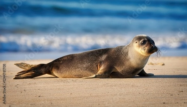 Fototapeta Serene Seal Basking on a Sandbar, Overlooking the Tranquil Ocean Shoreline, with the Sun Glinting off the Waves in a Peaceful Coastal Scene.