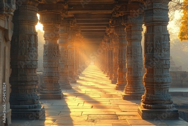 Obraz Sunlit temple corridor, India, sunrise, ancient architecture, spirituality