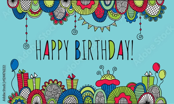 Fototapeta Happy birthday border doodle vector illustration with balloons, birthday cakes, candles, presents, bunting and abstract shapes on aqua background