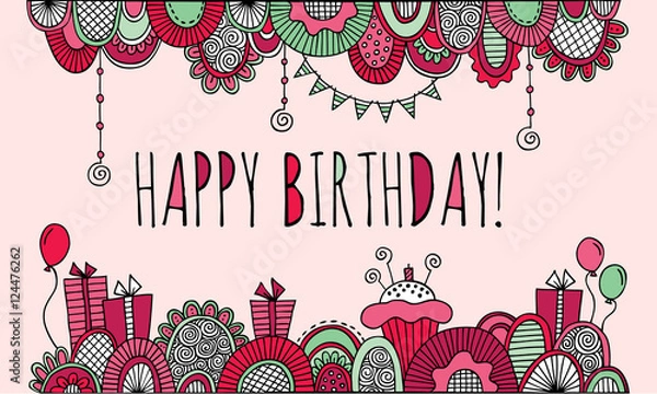 Fototapeta Happy birthday border doodle vector illustration with balloons, birthday cakes, candles, presents, bunting and abstract shapes on a pink background