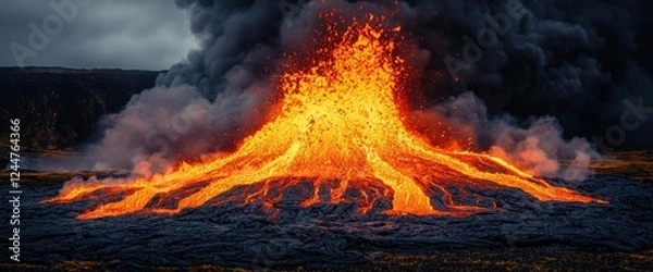Fototapeta Fiery Volcanic Eruption with Molten Lava and Dark Smoke