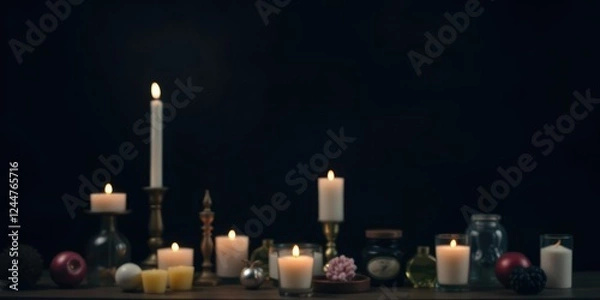 Fototapeta Soft focus shot of a still life arrangement of candles and various objects against a dark, moody background with a single pillar lamp, candlelight, soft focus, rustic ambiance