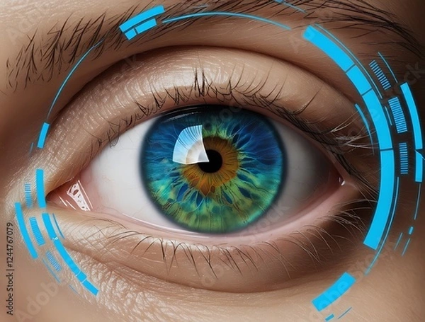 Obraz Detailed view of an eye with a glowing interface, symbolizing cutting-edge technology in biometrics, cyber security, and authentication

