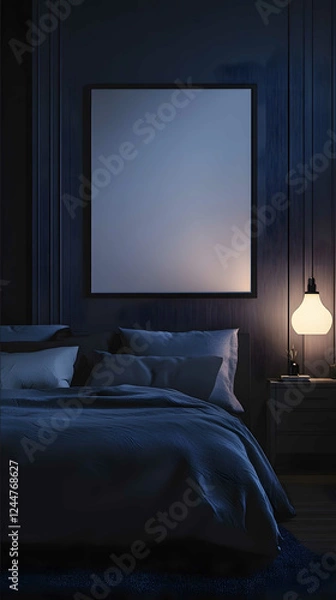 Obraz blank poster mockup in a very dark bedroom at night