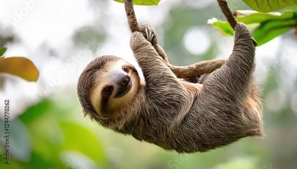 Fototapeta Adorable Baby Sloth Hanging Delicately amidst the Verdant Rainforest Canopy, Showcasing a Captivating Display of SlowPaced Grace and Cute Curiosity.