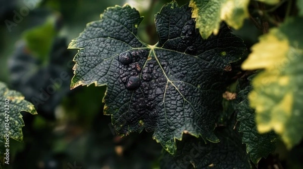 Obraz Grapevine Leaf with Disease: A close-up shot reveals a grapevine leaf afflicted with dark, clustered lesions, contrasting sharply with the surrounding healthy foliage.