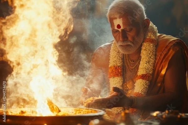 Obraz Priest performs fire ritual, temple, India, smoke