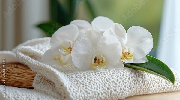 Fototapeta A serene arrangement of white orchids on soft towels, evoking relaxation and tranquility.