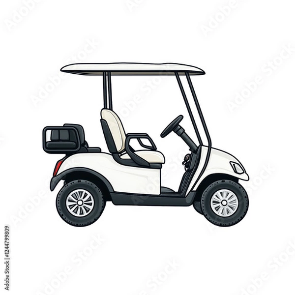 Fototapeta A sleek white golf cart with a canopy, featuring two seats and a storage compartment, designed for easy maneuvering on golf courses.