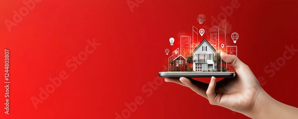 Obraz Hand holding smartphone with house icons on red background, architecture or real estate investment banner