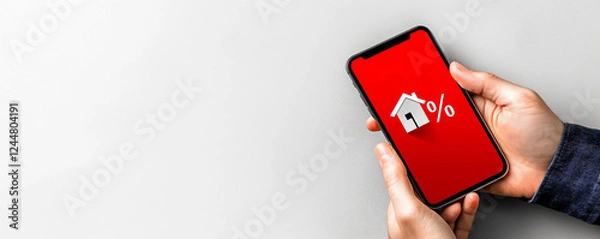Obraz Hand holding smartphone with house icon on white background