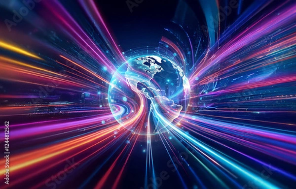 Fototapeta A vibrant globe is encircled by dynamic streaks of light, radiating outwards with energy. The image conveys a sense of global connection and futuristic technology.