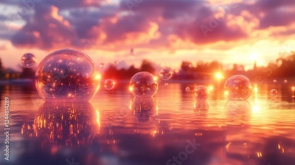 Obraz Sunset bubbles float on calm lake water
