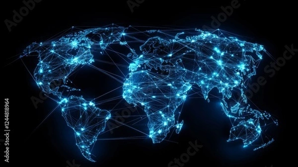 Fototapeta Global communication network concept with interconnected business nodes and human resources collaboration across worldwide platforms.