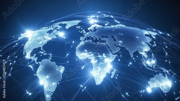 Obraz Global communication network concept with interconnected business nodes and human resources collaboration across worldwide platforms.