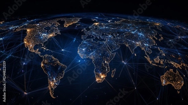 Fototapeta Global communication network concept with interconnected business nodes and human resources collaboration across worldwide platforms.