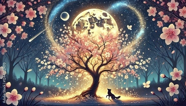 Fototapeta Radiant Cherry Blossom Tree with Petal Arch Under a Moonlit Spring Sky