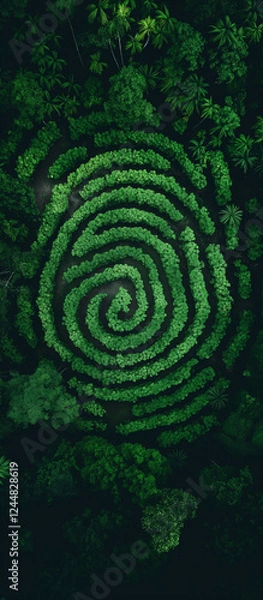 Fototapeta Aerial view of a lush green forest shaped into a fingerprint pattern, symbolizing nature conservation and environmental sustainability.