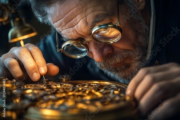 Fototapeta Man examining golden coins with a magnifying glass