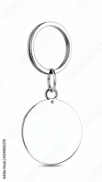 Fototapeta Blank Oval Keychain with Metal Ring Hangs Against a White Background, Ready for Personalization