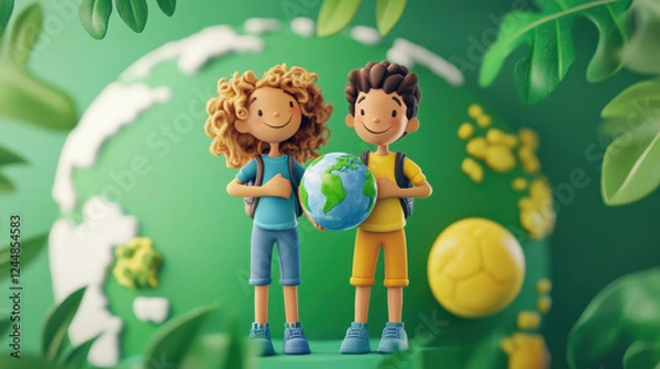 Fototapeta Cartoon 3D illustration of children celebrating Earth Day and saving the planet with a green eco-friendly theme
