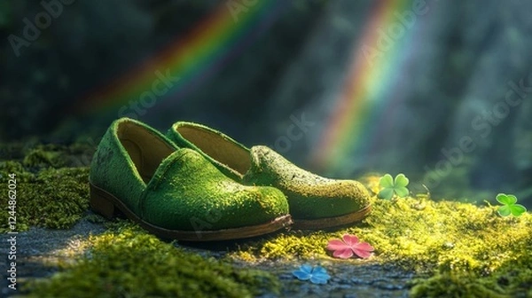 Fototapeta Green Shoes Resting On Mossy Surface Near Rainbow