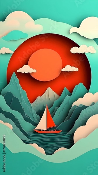 Fototapeta Paper Cutout Illustration: Sailboat Navigates Calm Waters Against a Sunset Backdrop with Majestic Mountains.