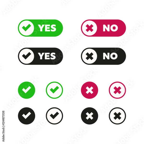 Fototapeta Yes or no choice button and tick or cross icon set in modern bold style. Isolated vector illustration.