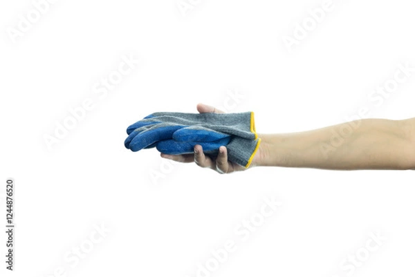 Fototapeta Work Gloves are placed on hand isolated on white background with clipping path.