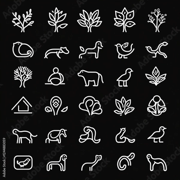 Fototapeta Collection of minimalist line art icons depicting nature, animals, and simple objects.
