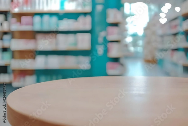 Fototapeta Empty Round Wooden Table Top with Blurred Pharmacy Background for Product Placement