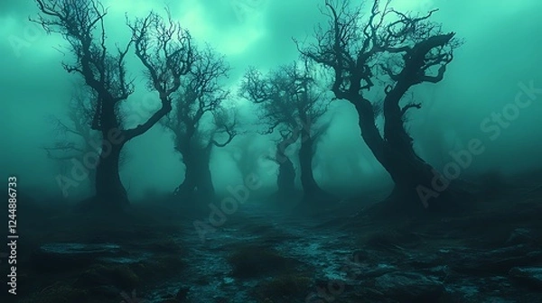 Fototapeta Spooky forest path, eerie mist, dark trees, Halloween backdrop