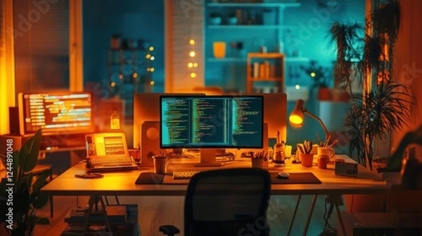Fototapeta Night programmer workspace with two monitors displaying code, laptop, desk plants, and ambient lighting.