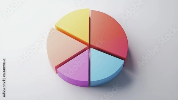 Fototapeta A multi-colored D pie chart in a minimalist style, with sections slightly lifted to show the data split, presented on a clean, white background.