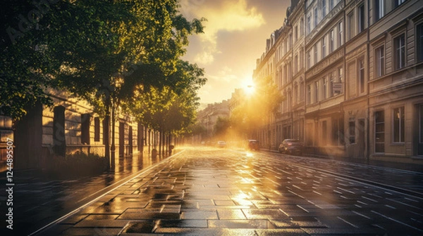 Fototapeta An early morning cityscape after rain, empty streets with glistening cobblestones, towering buildings fading into soft fog