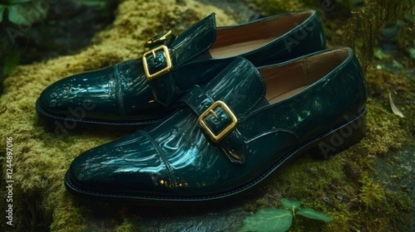 Fototapeta Elegant Green Leather Shoes Resting On Moss