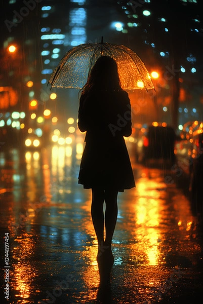 Obraz A woman stands alone in the rain at night, holding a transparent umbrella, with city lights reflecting off the wet pavement, creating a reflective and moody scene