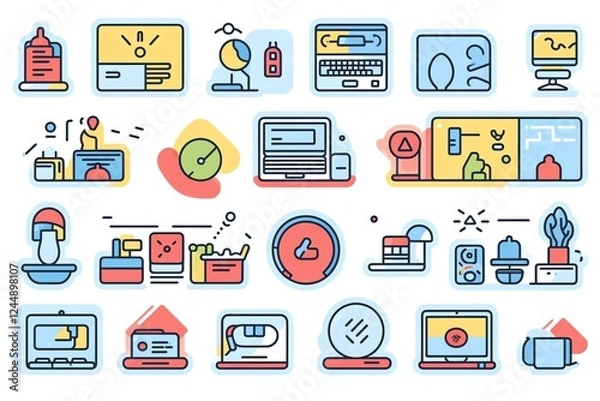 Fototapeta Colorful flat line icons set for business, technology, and data.